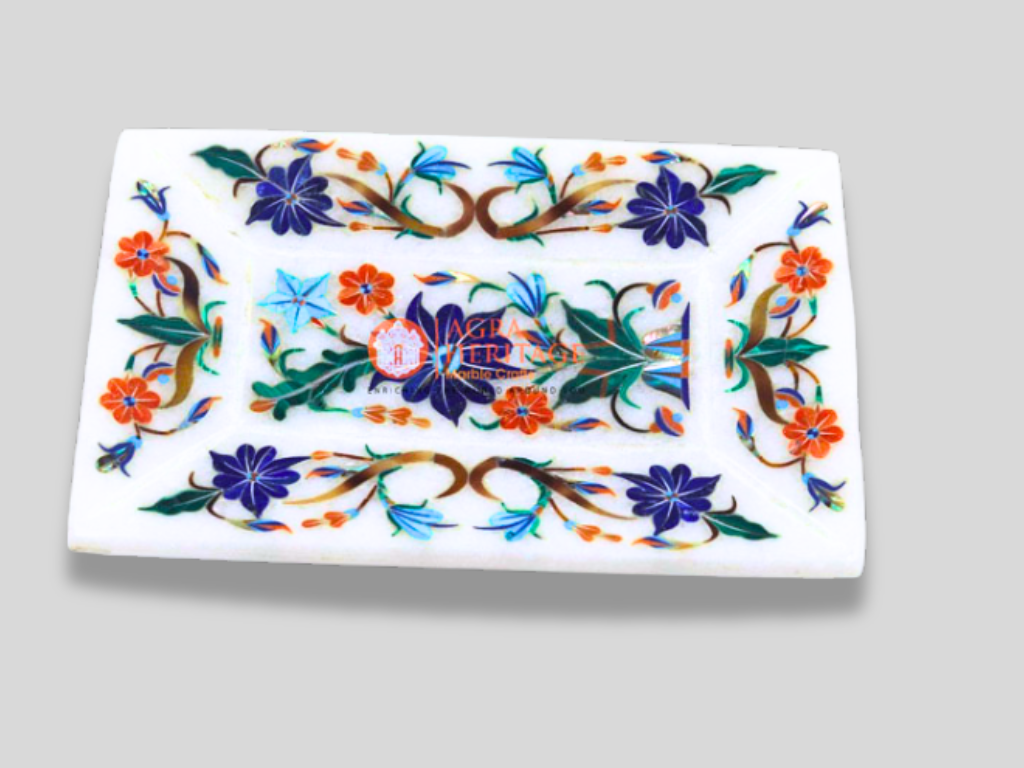 Multi Gem Stone Decorative Inlay Marble White Tray/Plate